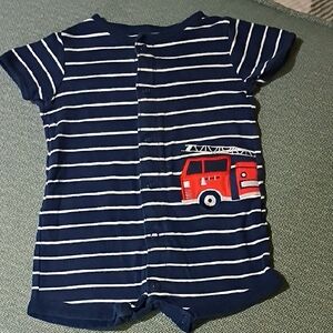 Striped Baby Boy Romper with Fire Truck Design